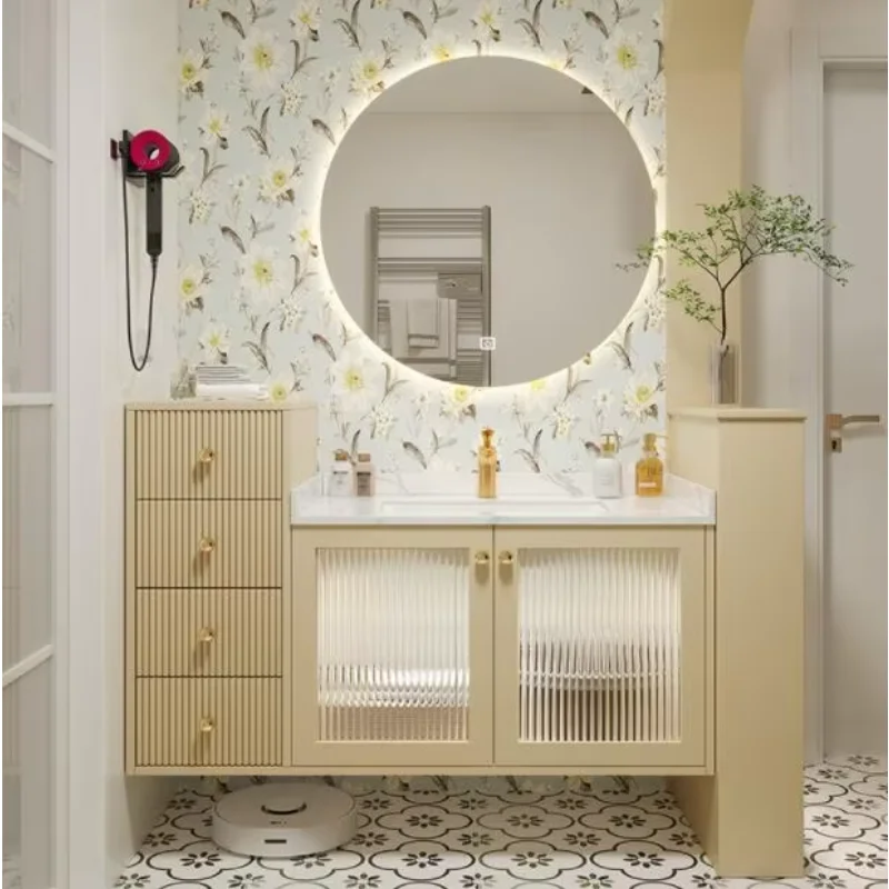 

Modern minimalist rock slab smart bathroom cabinet combination bathroom vanity wash face wash light luxury wash basin set