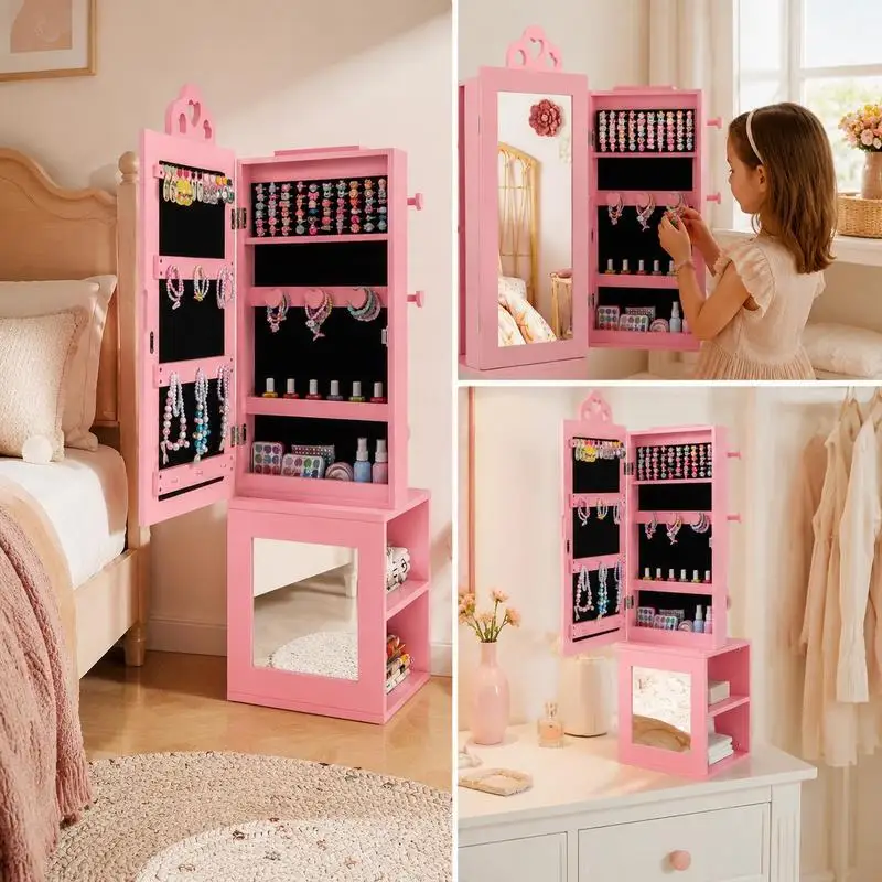 Armoire à bijoux autoportante avec miroir pleine longueur, structure en bois avec serrure, doublure en velours multi-compartiments, pour rangement à domicile et présentation en magasin, rose