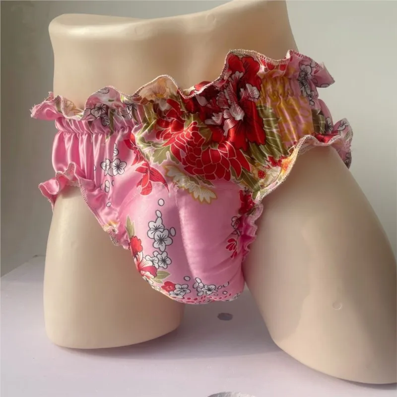 Man Silky Touch Floral Ruffled Sexy Underwear Lingerie Sissy Cross-dressing Cosplay Soft Comfortable Briefs Private Party Gift