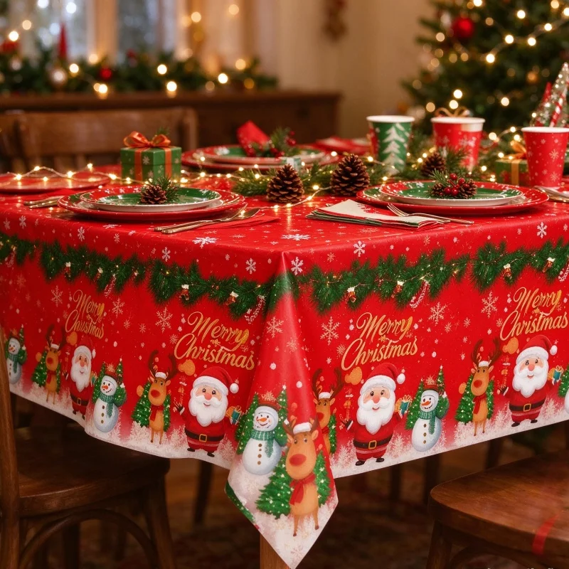 137×274cm Christmas Disposable Plastic Tablecloth Santa Snowman Elk Print Rectangular Table Cover for Xmas Holiday Party Home De