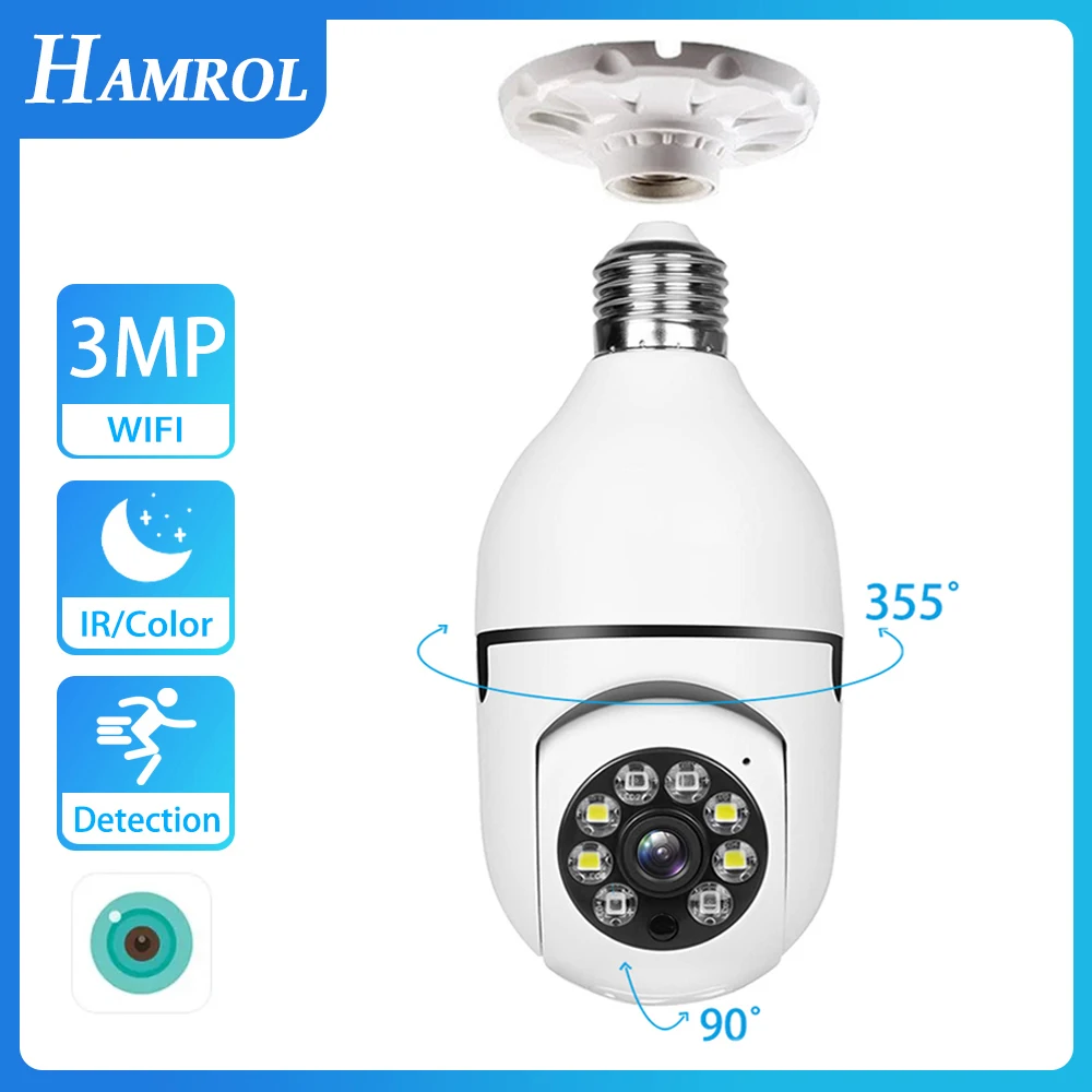 

3MP E27 Bulb Surveillance Camera 4X Digital Zoom ICsee Colorful Nightvision Wireless PTZ Wifi Camera 2K Indoor Security Monitor