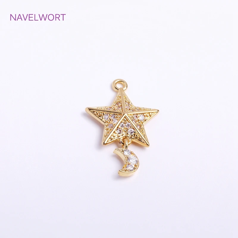 14K Gold Plated Pentagram And Mini Moon Charms For Jewelry Making Brass Metal Inlaid Zircon Five Point Star Pendants Wholesale