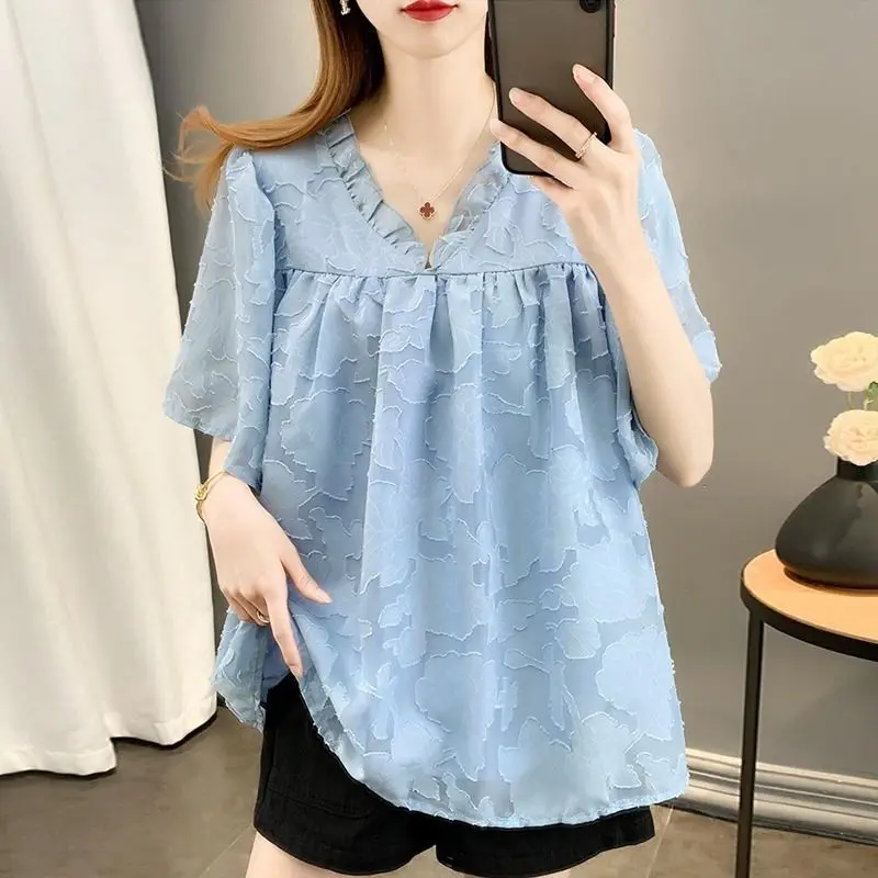 Fashion V-Neck Solid Color Spliced Ruffles Blouse Women\'s Clothing 2024 Summer New Oversized Casual Pullovers Loose Korean Shirt