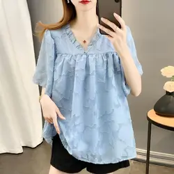 Fashion V-Neck Solid Color Spliced Ruffles Blouse Women's Clothing 2024 Summer New Oversized Casual Pullovers Loose Korean Shirt