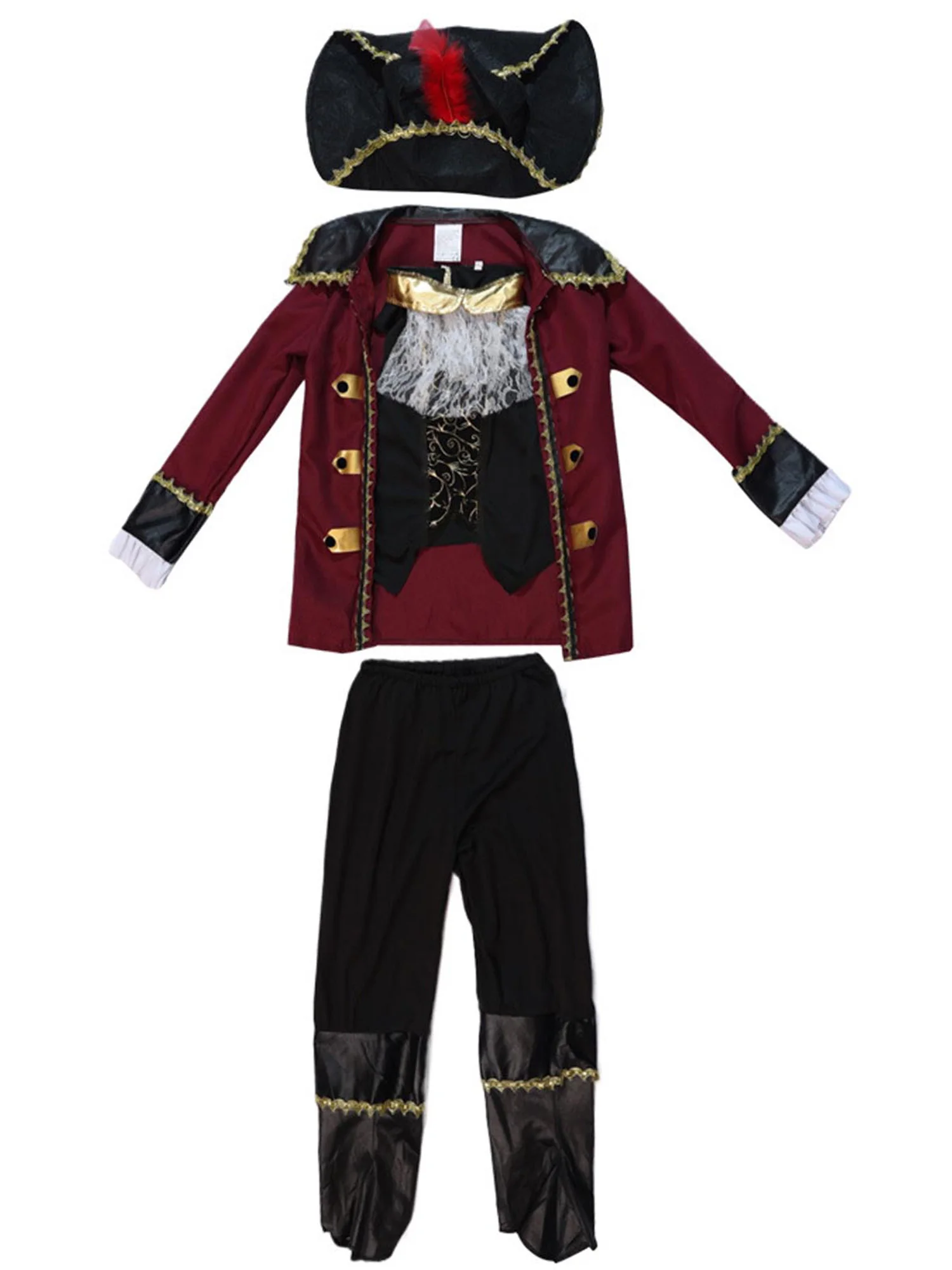 

Children Pirate Captain Cosplay Outfit Metallic Trim Collar Vest Jacket Pants Hat for Halloween Theme Party Performance Costume