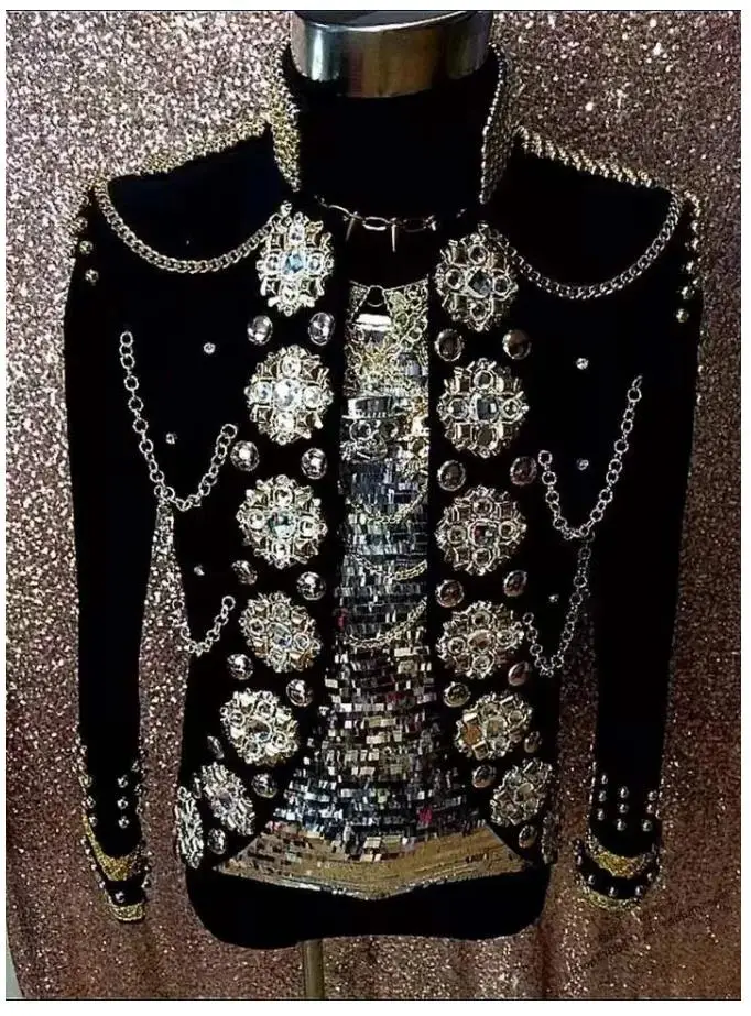 High Quality Male Pure Handmade Rhinestone Slim Suit Jacket Nightclub Dj singer Stage Performance Jacket Men royal coat