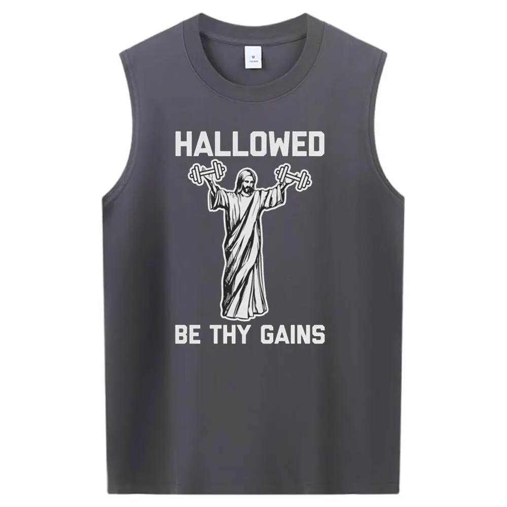 Hallowed Be Thy Gains Jesus Gym Tank Top Funny Christian Fitness Graphic Sleeveless Tee Men Summer Casual Workout Top