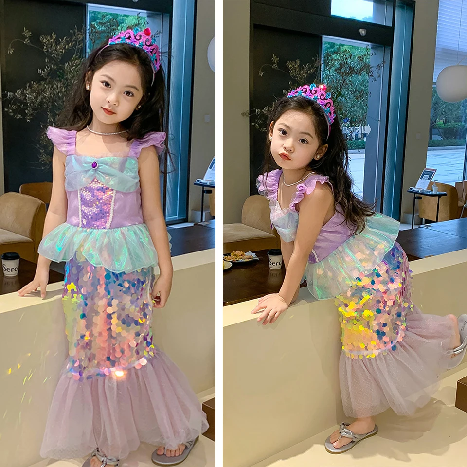 Boutique Girls Little Mermaid Princess Dress Gorgeous Kids Party Infant Gown Halloween Children Fairy Ariel Masquerade Frocks