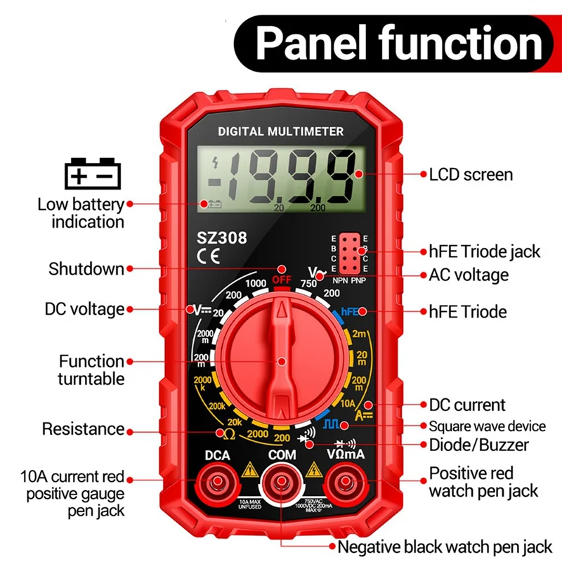 

AC56-SZ308 Digital Multimeter Voltage Resistance Meter AC/DC Current Meter Electrician LCD Backlight Ohm Square Wave Test