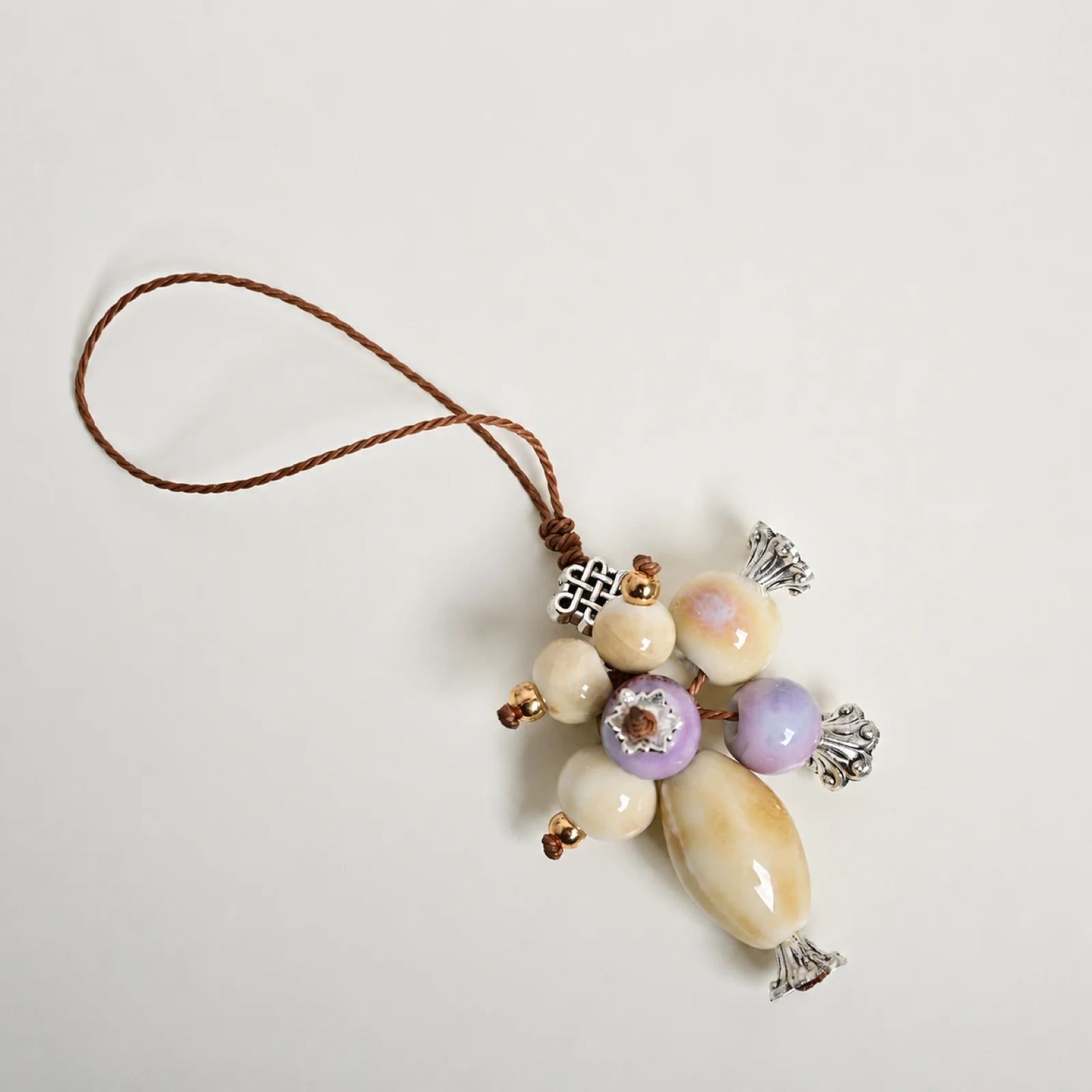Handmade Ceramic Lily of the Valley Bead Flower Bag Charm Waxed Cord Braided Pendant Metal Accessories 608P13-10