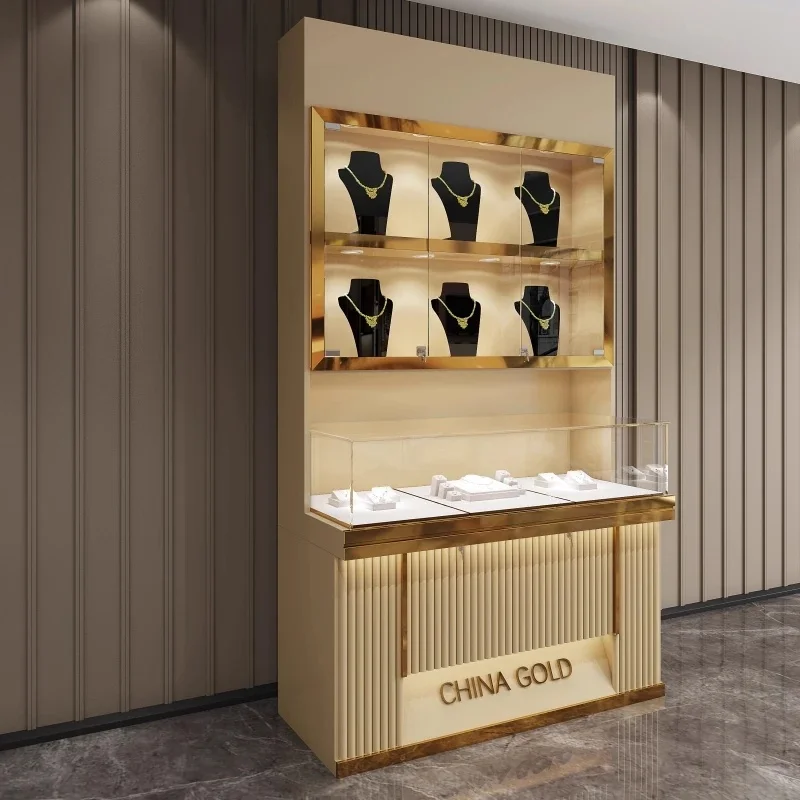 custom.Customizable Modern Jewelry Display Cabinet LED Gold Glass Counter Retail Store Mall Showcase Featuring Silver Jewelr