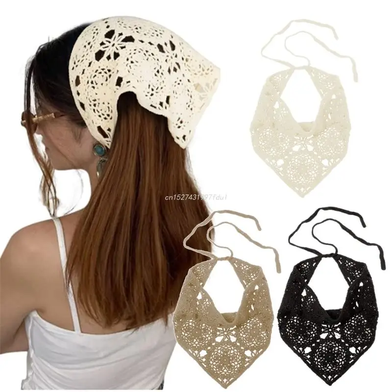 Floral Hair Bandana Knitted Head Kerchief Women Bandana Handmade Crochet Hair Scarf Triangled Headband with Ties