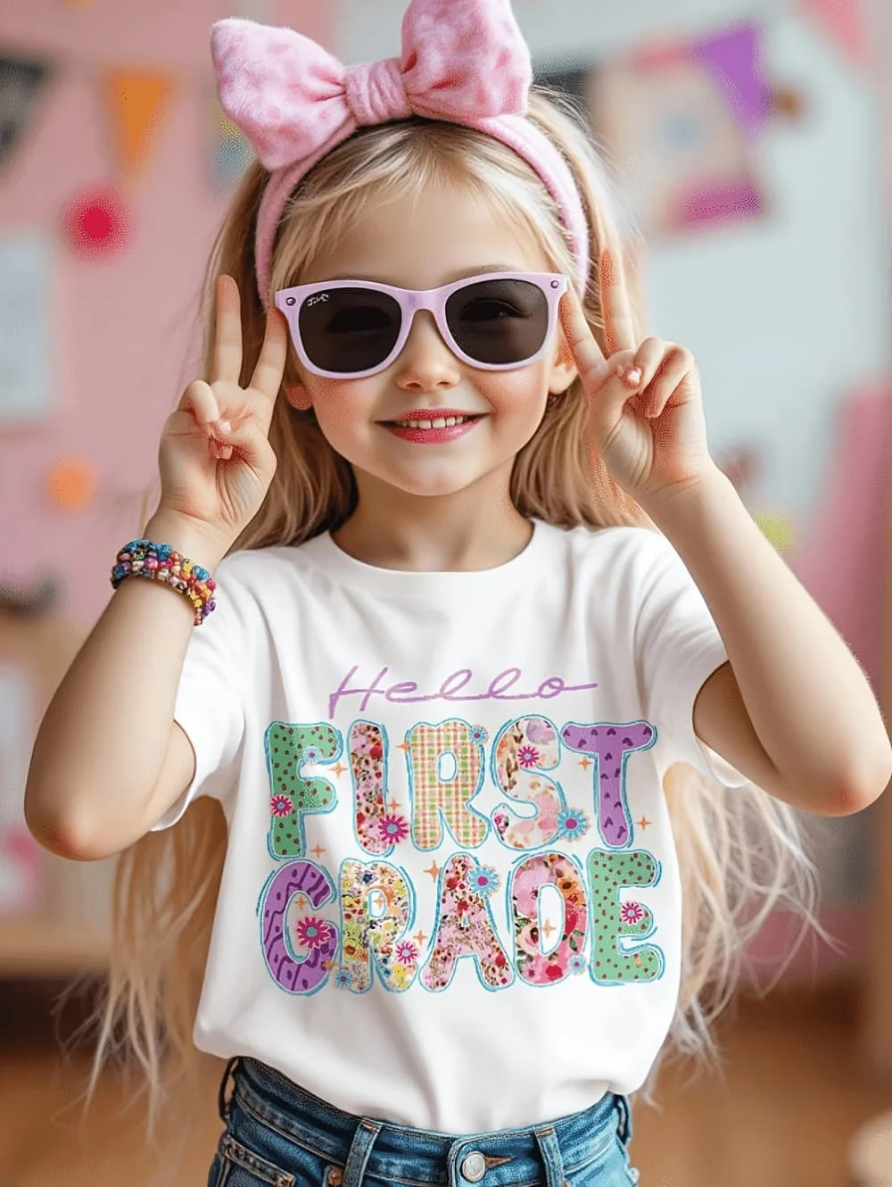 First Grade Children's Clothing First Day of School Children's T-Shirt Cartoon Bow Print Tops for Kids Cute Loose Girs Clothes