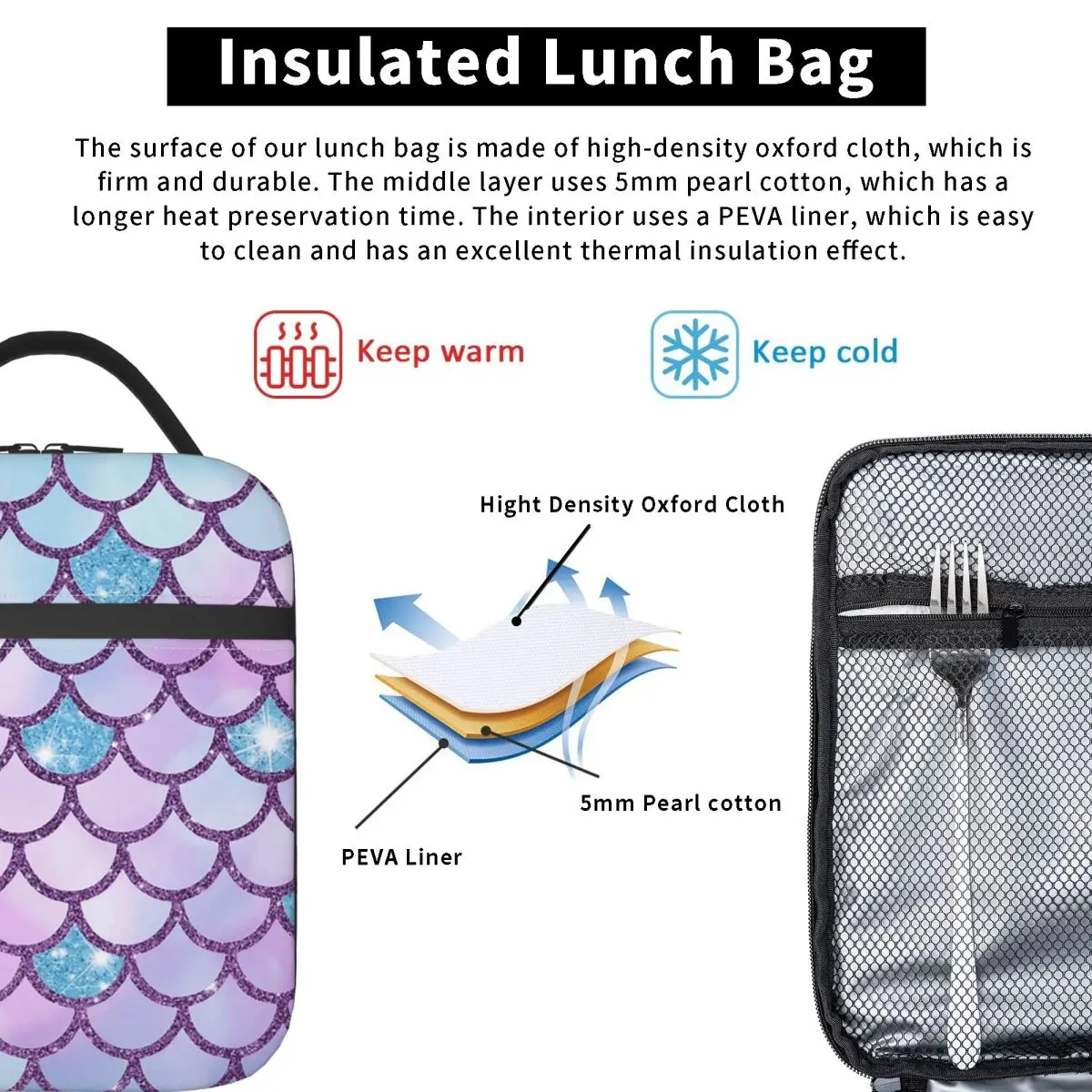 Rainbow Mermaid Scales Insulated Lunch Bag for Women Kids Leakproof Food Boxes Thermal Lunch Box Tote