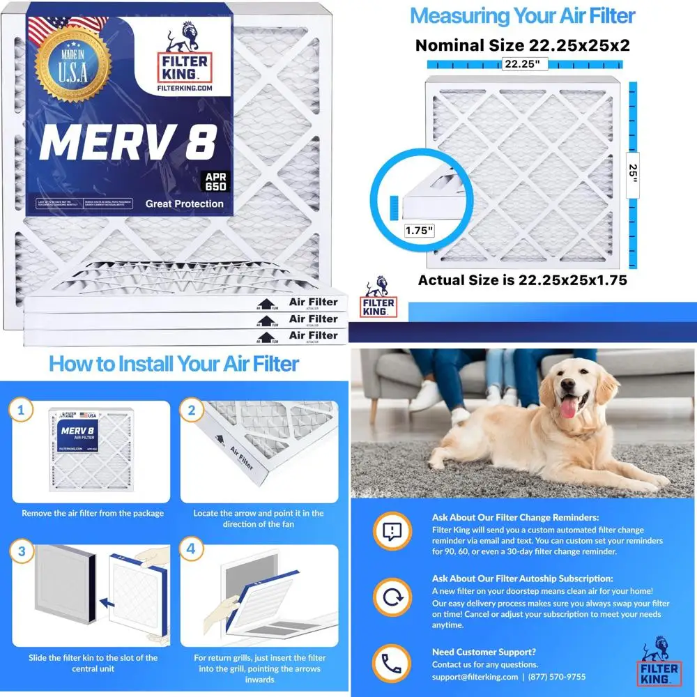 

Плиссированные воздушные фильтры HVAC, 6 шт. MERV 8 Фильтры для печи кондиционера 22,25x25x2 Сделано в США Реальный размер 22,25x25x1 дюймов