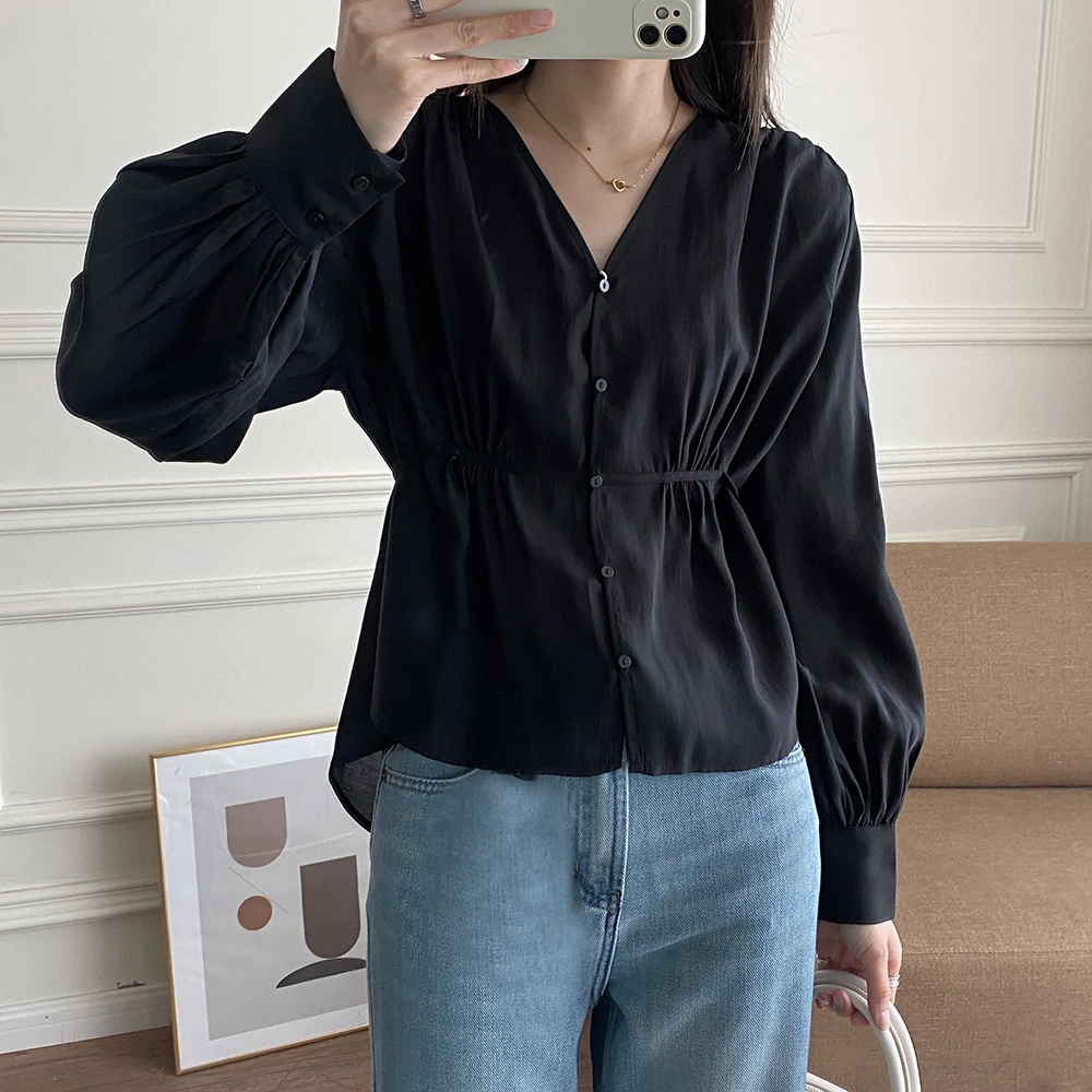 Summer Rayon Women V-Neck Tops Hot Selling Long Sleeves Simplicity Solid Waistband High Street Chic Comfortable Shirts Blouses
