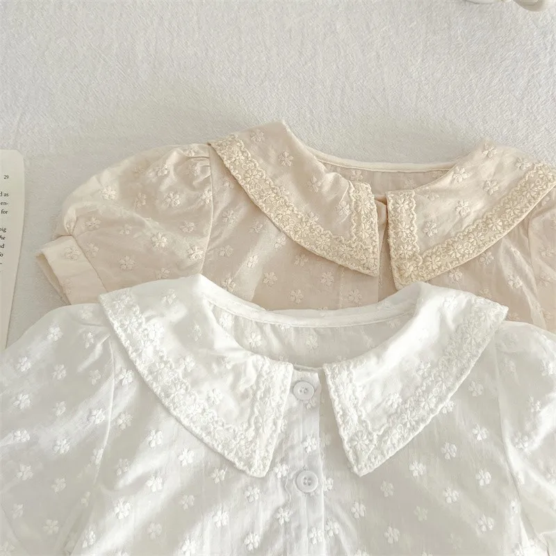 2024 New Spring Summer Baby Short Sleeve Romper Girls Small Embroidery Cotton Bodysuit Kids Beige Light Apricot Jumpsuit 0-3T