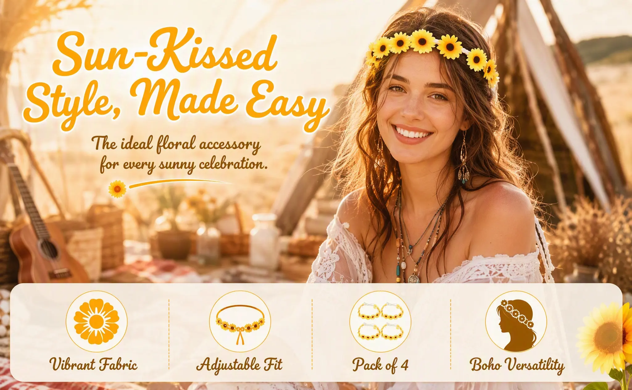 4Pcs Sunflower Headbands Flower Hairband Elegant Comfortable for Wedding Birthday Festival Party Women Hair Accessories