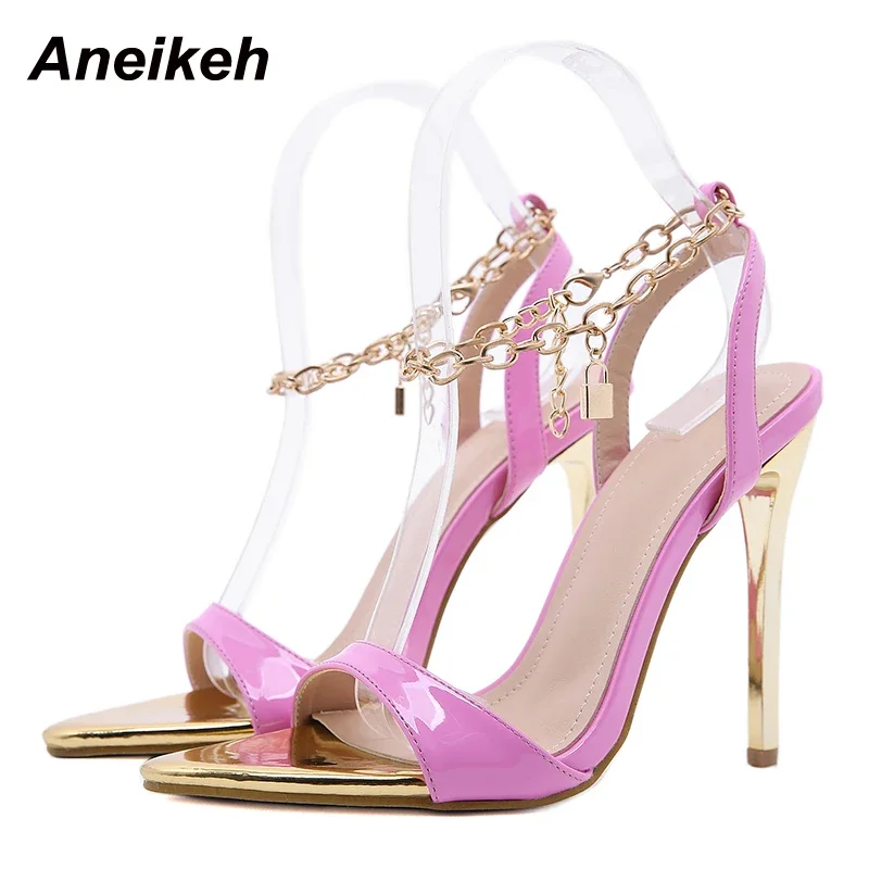 Aneikeh Summer Women Sandals Pink Sexy Pointed Toe High Heel Shoes Fashion Metal Chain Thin Heel Party Wedding Sandalias Mujer