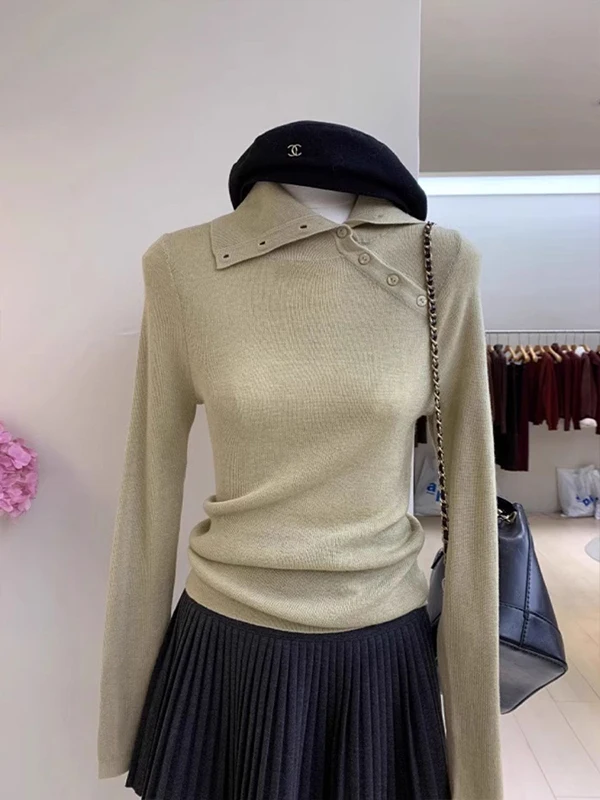 Gele onregelmatige ort kraag ontwerp gebreide top f hoge kraag lange Sve Base irt innerlijke slijtage voor dames vroege herfst