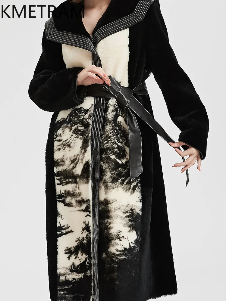 KMETRAM 100% Natural Sheepskin with Wool Atttached Fur Coat Long Warmth 2025 Winter Women Printed Jacket manteaux hiver femme