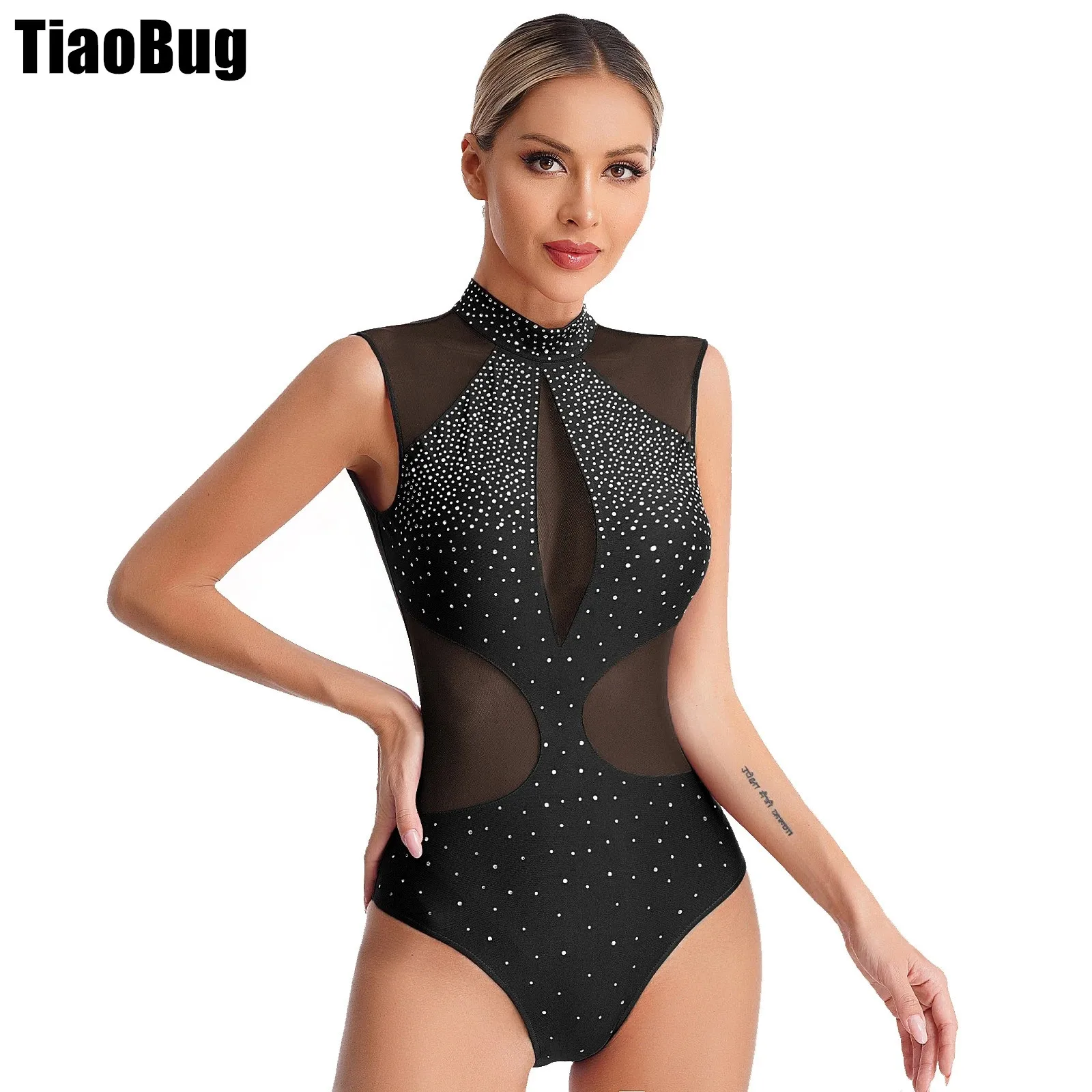 Womens Figure Skating Dance Leotard Sparkly Rhinestones Sheer Mesh Patchwork Sleeveless Cutout Back Bodysuit for Gymnastics