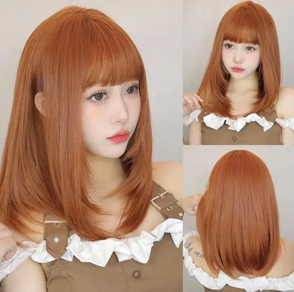 

Orange Medium Length Straight Synthetic Wigs with Bangs for Women High Temperature Cosplay Party Natural Hair Wigs