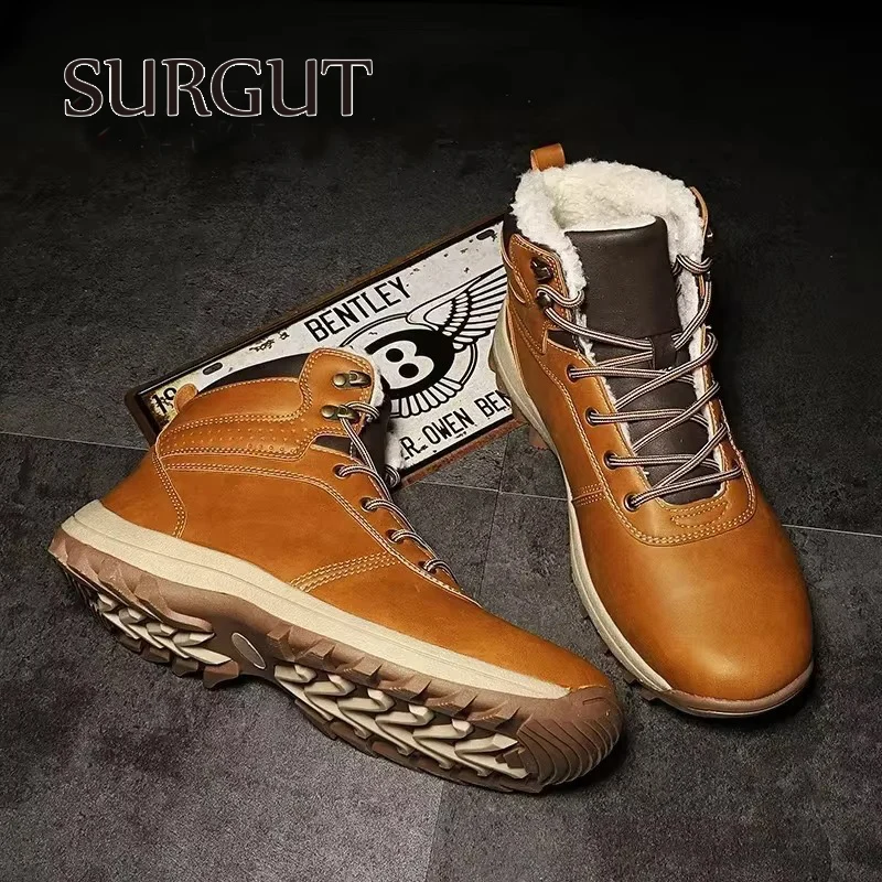 SURGUT Men Boots Split Leather Lace-up Men Shoes High Quality Vintage British Snow Boots Autumn Winter Men Casual Ankle Boots