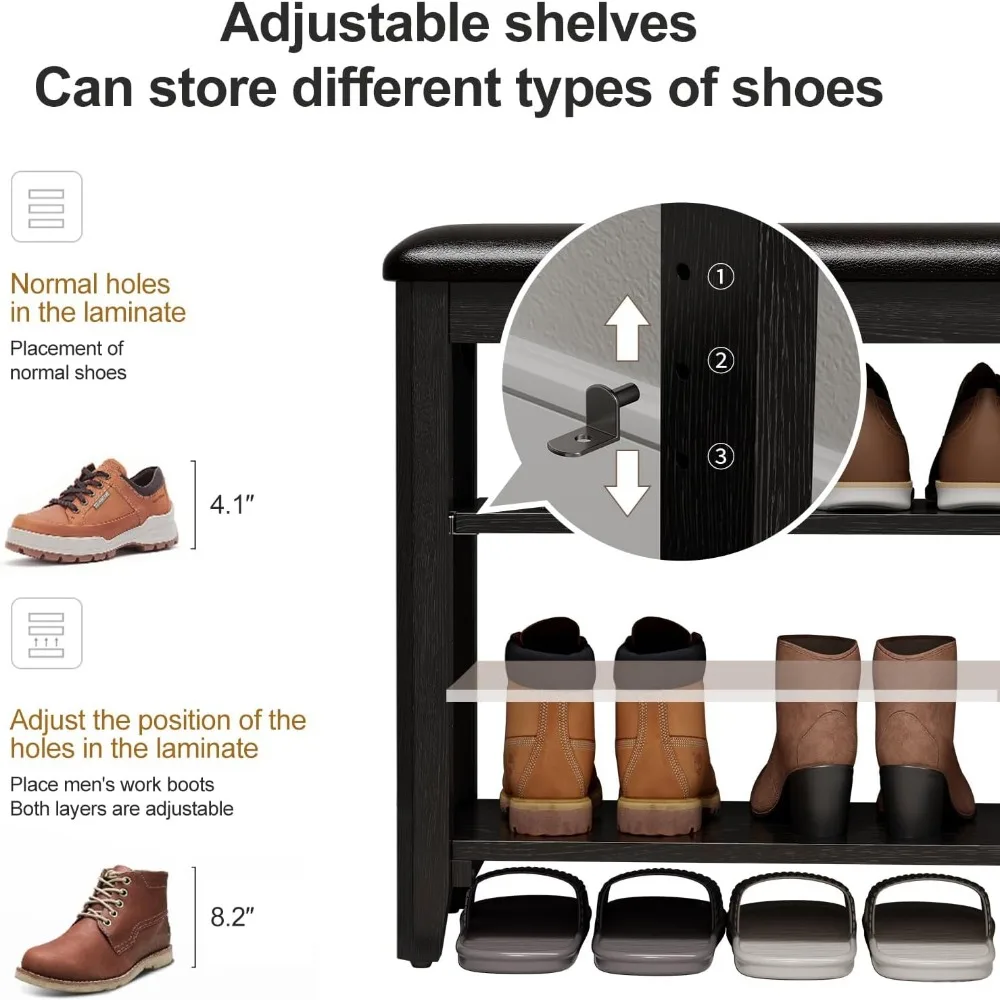 مقعد أحذية مع وسادة جلدية، مقعد تخزين أحذية من 3 طبقات قابل للتعديل، مقعد مدخل من خشب الجوز للممر وغرفة الطين