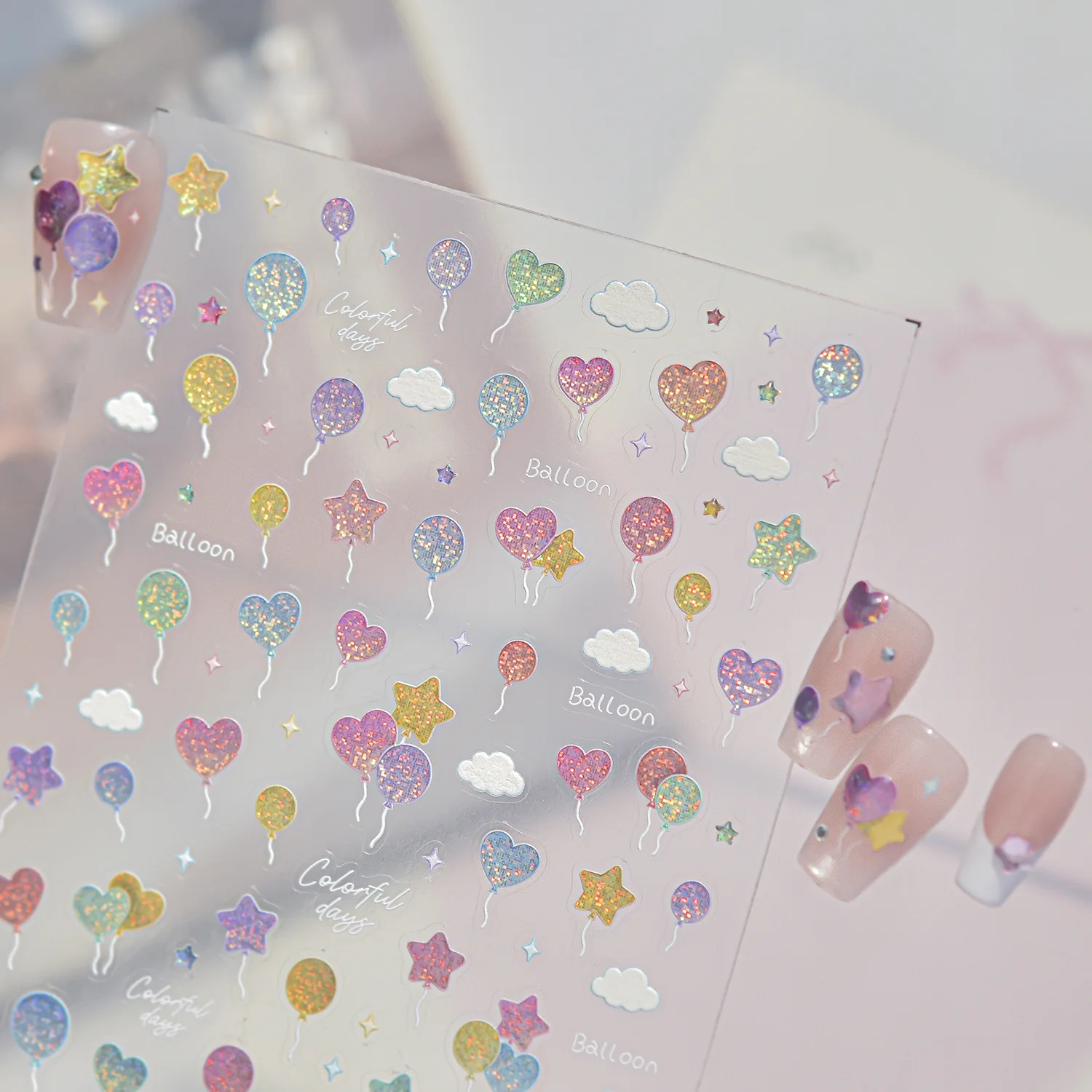 5D Holographic Dreamy Nail Stickers Color Balloon Bow Drift Bottle Star Cloud Heart Lucky Lovely Self-adhesive Nail Art Decals