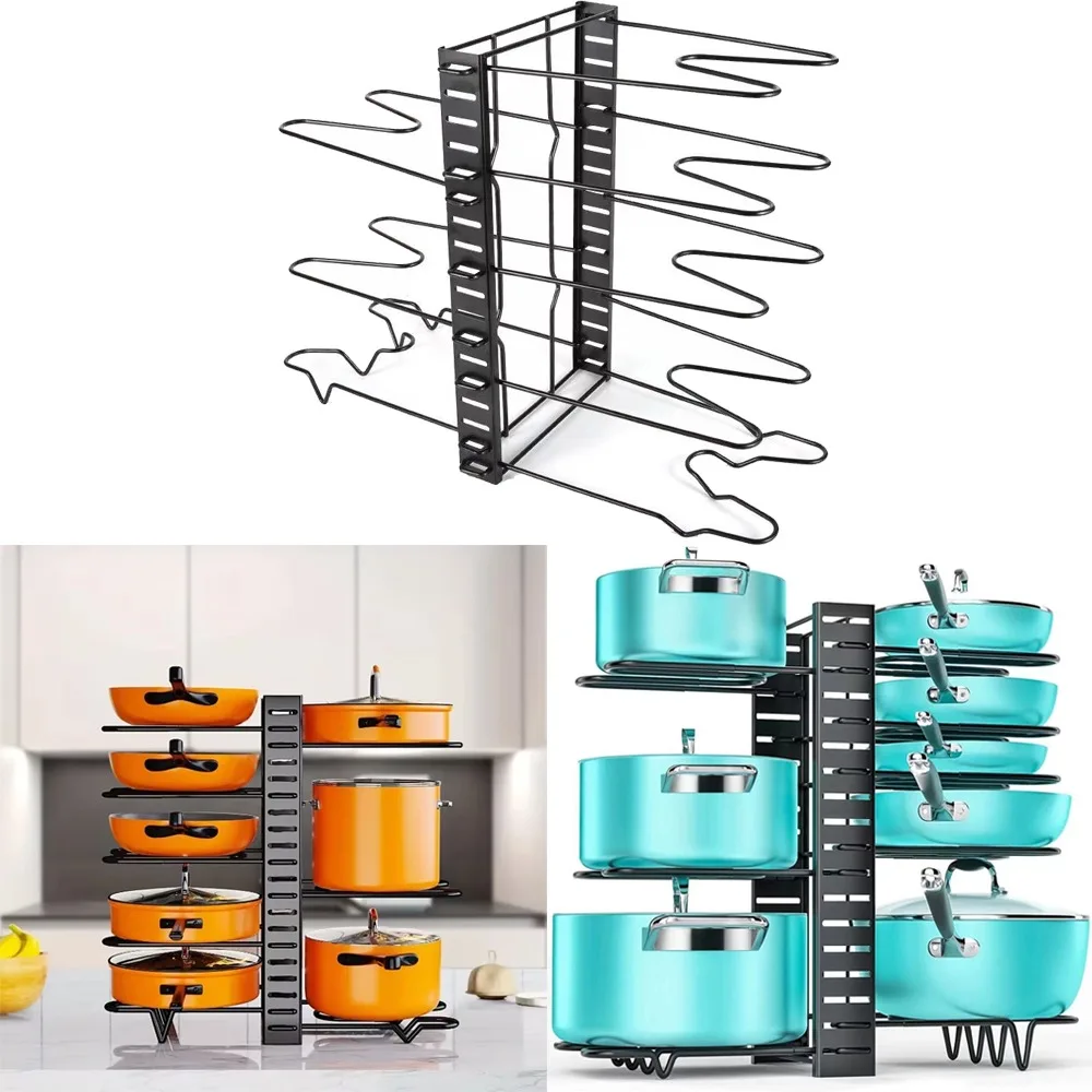頑丈なポットラックオーガナイザー、キッチン収納ホルダー、耐久性のある省スペースキャビネット、鍋と蓋用ホルダー、8段