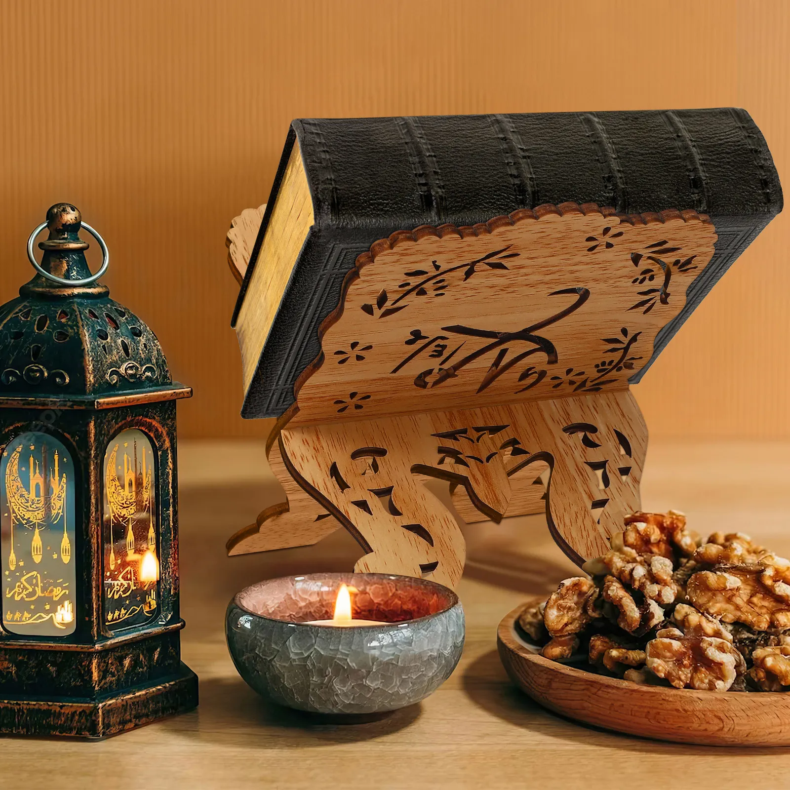 Soporte de Madera Resistente para Libros con Diseño de Flores Talladas, Organizador de Escritorio para Corán, Recetas, Libros de Cuentos y Lectura