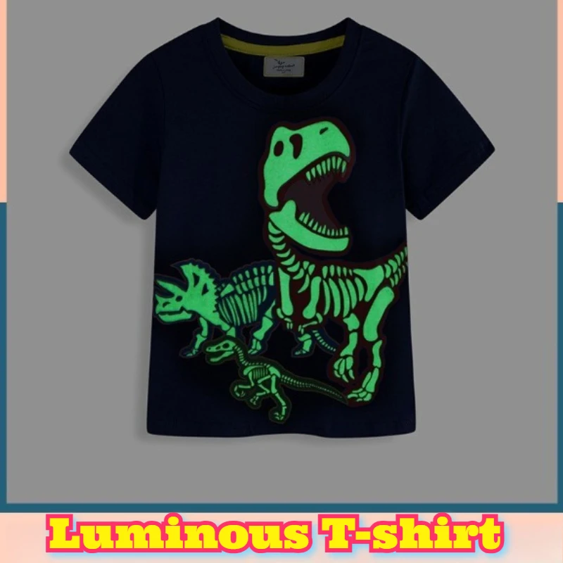 توهج الظلام ديناصور تي شيرت مضيئة قصيرة الأكمام أعلى تنفس القطن المحملة تضيء الملابس الصيف لباس غير رسمي طباعة الرسم #1