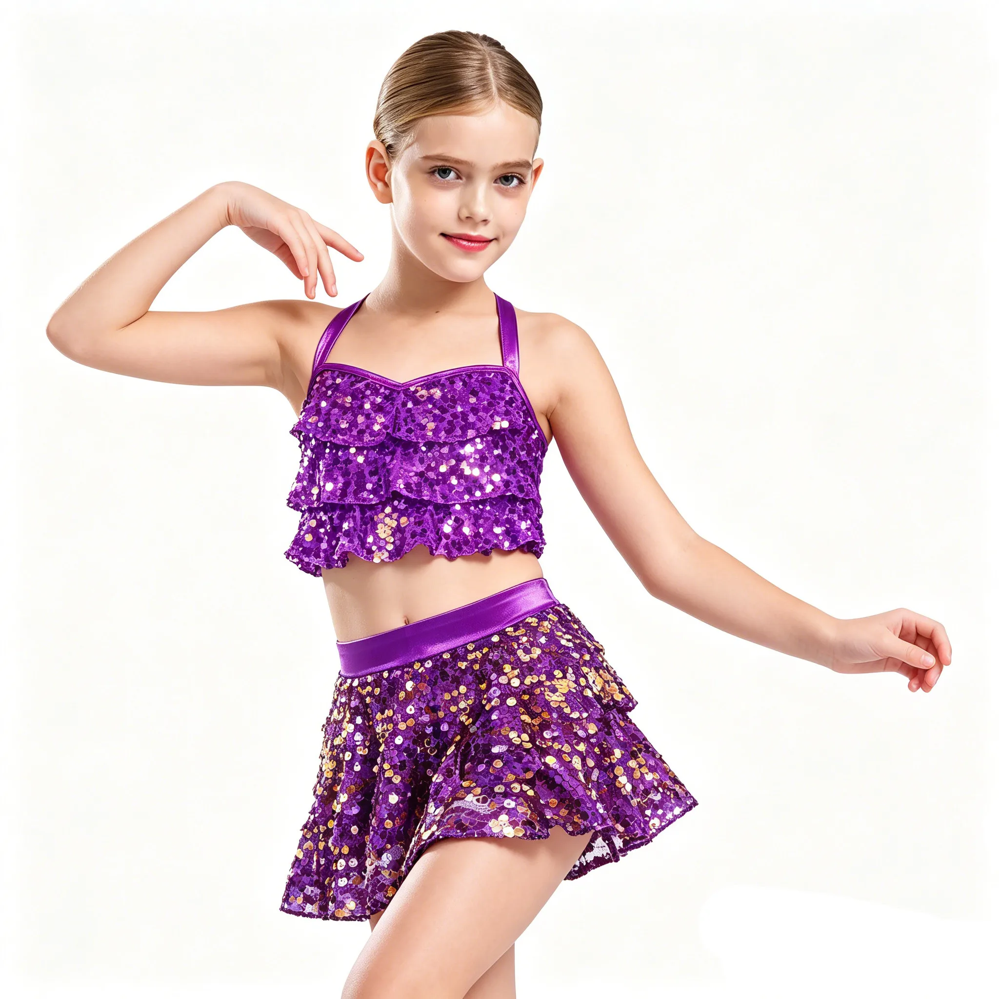 

Kids Girls Hip Hop Jazz Dance Cheerleading Costume Tiered Sequins Crop Top with Culottes for School Party Carnival Performance