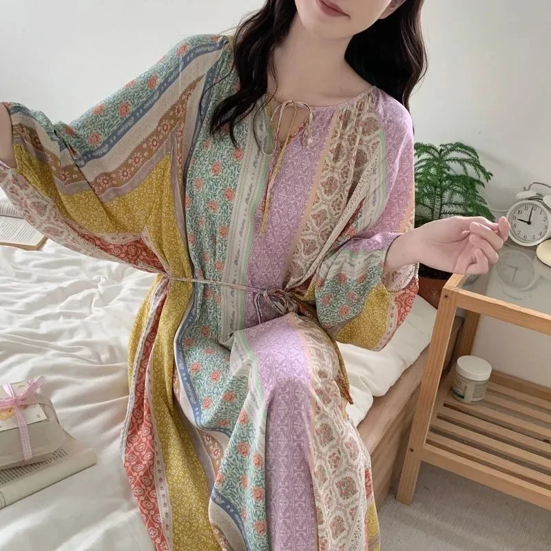 

WLF Chinese Style Cotton Silk Nightgown for Women in Summer 2025 Thin Cotton Silk Beach Skirt Ankle be Worn Outside Floral Dress
