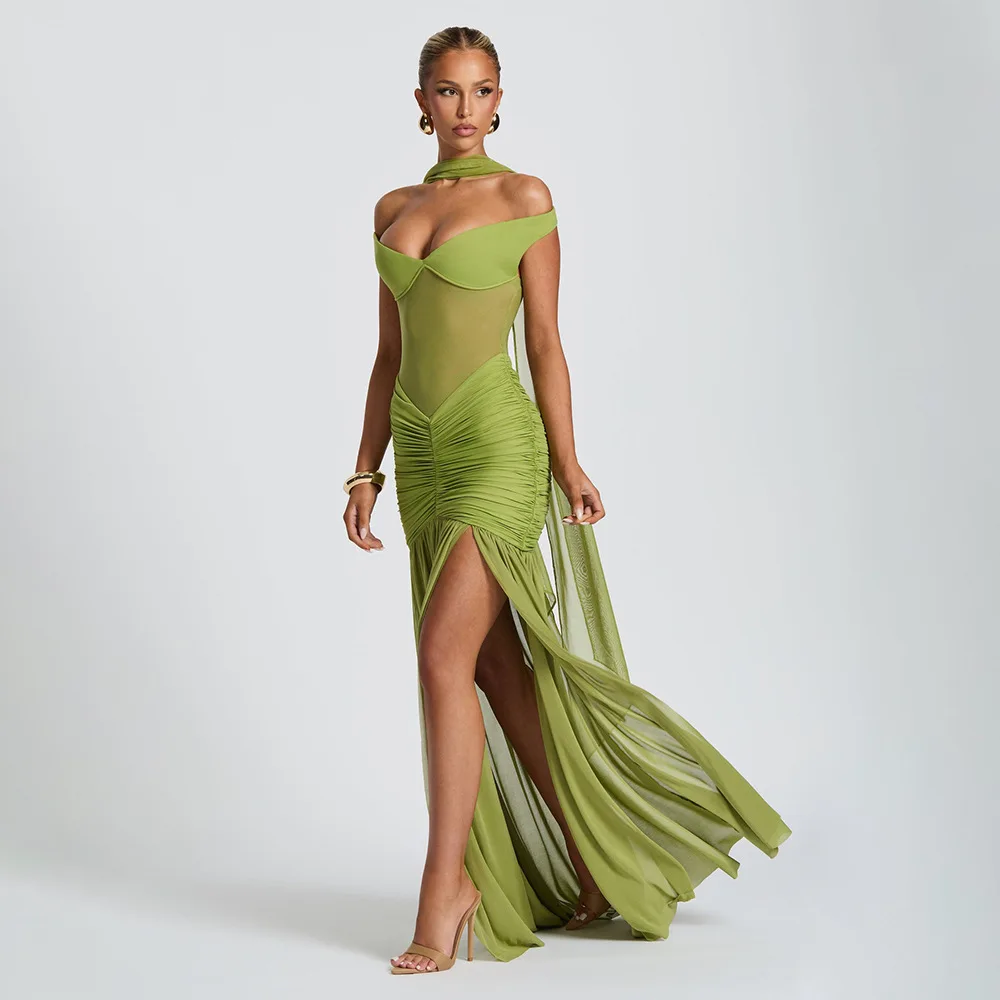 2025 ฤดูร้อน SHEER แผงชุดนางเงือกปิดไหล่ลึก V คอต่ํากลับ Slit Draped เอวชุดชีฟองสีแดงพรมงานแต่งงาน