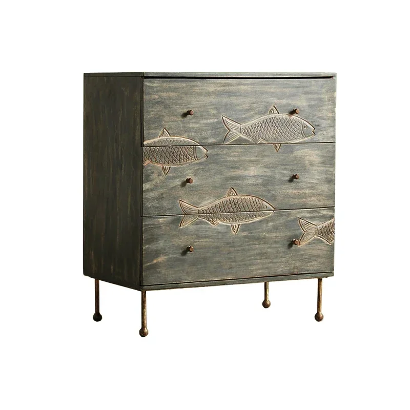 

French Retro Solid Wood Chest of Drawers European Style Small Fish Carved Bedside Table American Storage Chest of Drawer
