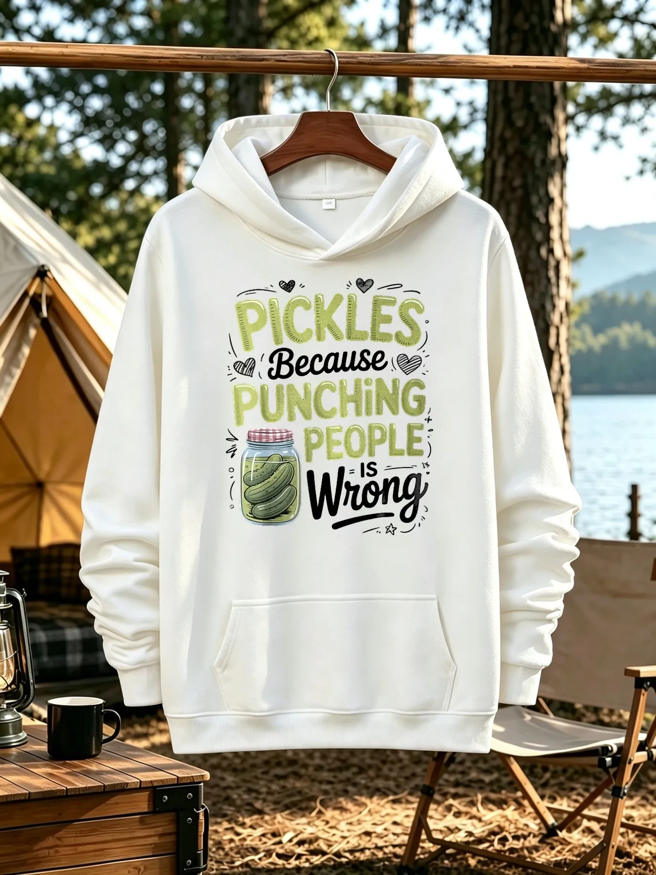 Men's Pickled Cucumber Pattern Hoodie, Daily Casual Wear, Fun Slogan Print Jumper, Loose Version Top, Suitable for Friends Gathering, Streetwear, Autumn and Winter Models