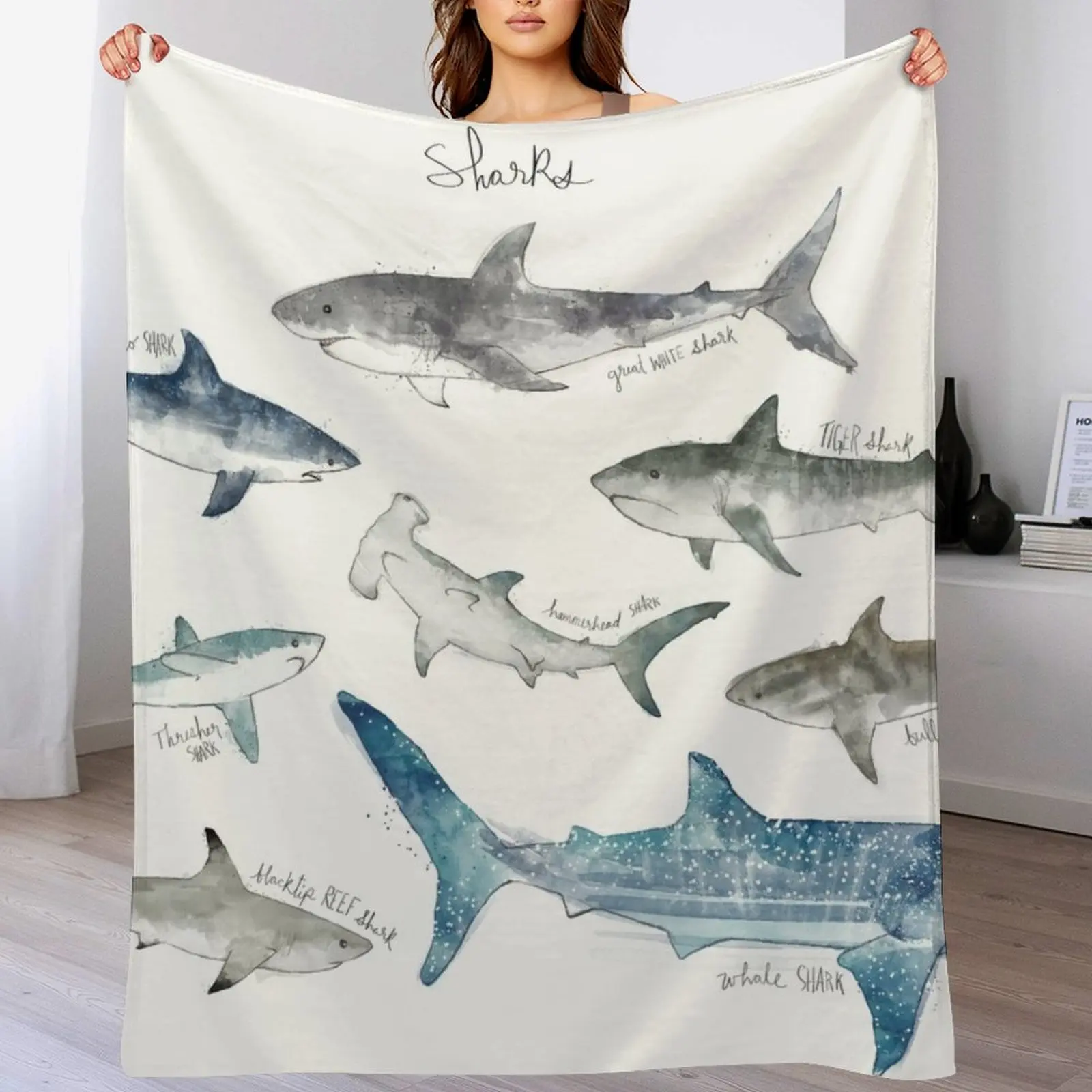 Sharks - Landscape Format Throw Blanket Multi Purpose Soft Warm Blanket for Home Travel