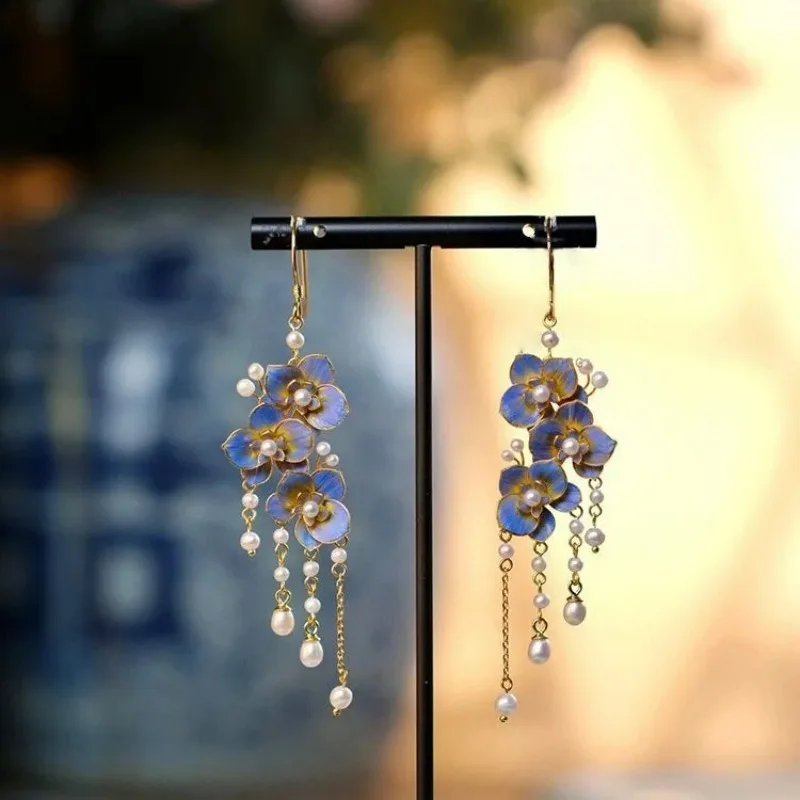 

Enamel Handmade Gilded Flower Silk Burnt Blue Inlaid Pearl Tassel Earrings for Women Retro Jewelry Chinese Style