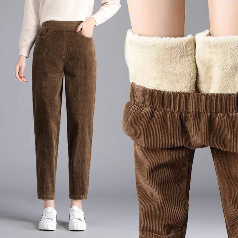 Thickened Fleece Lined Corduroy Women's Harlan Pants High Waist Long Trousers Korean Style Loose Fit Dad Pants Autumn Winter