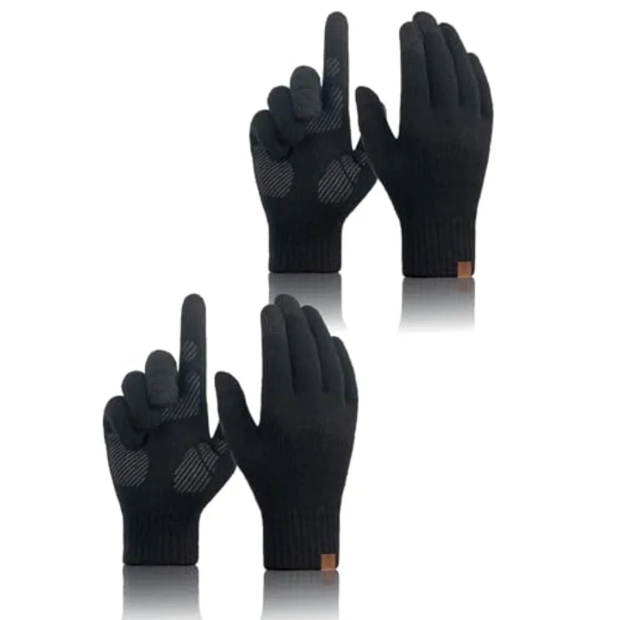 

2 Pairs Winter Merino Wool Gloves for Men Women, Knit Touch Screen Warm Thin Non-slip Glove for Driving Running Gift