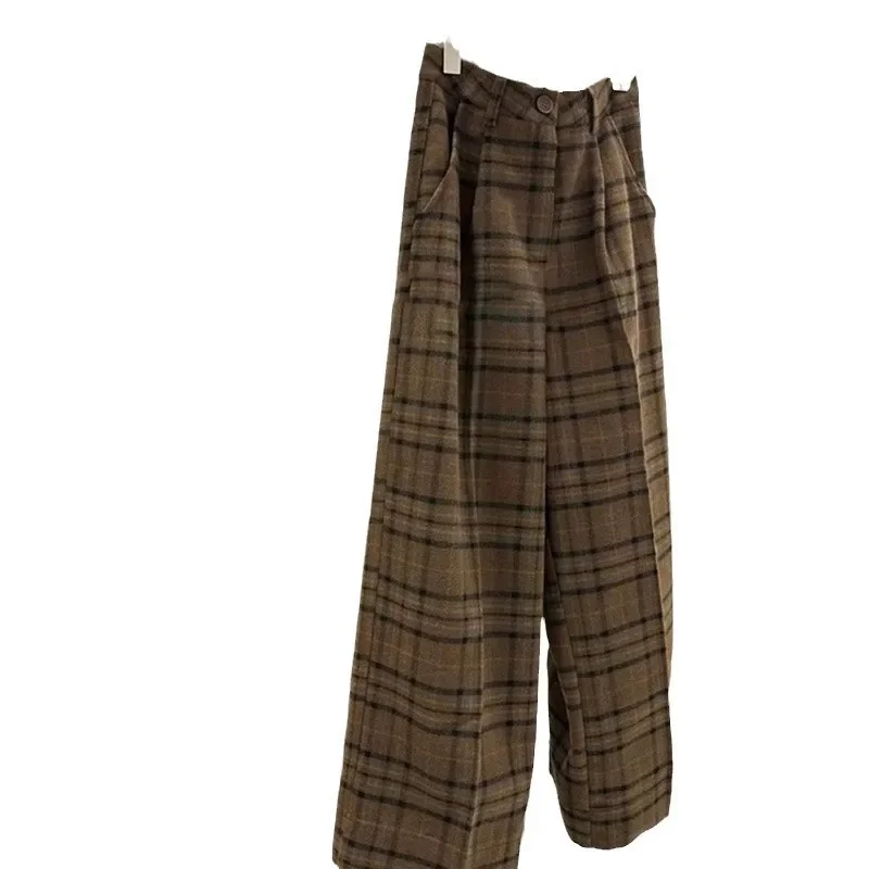 ارتفاع الخصر سميكة الصوفية منقوشة واسعة الساق السراويل النسائية أزياء التخسيس السراويل مستقيم قطع السراويل الطويلة من التخليص