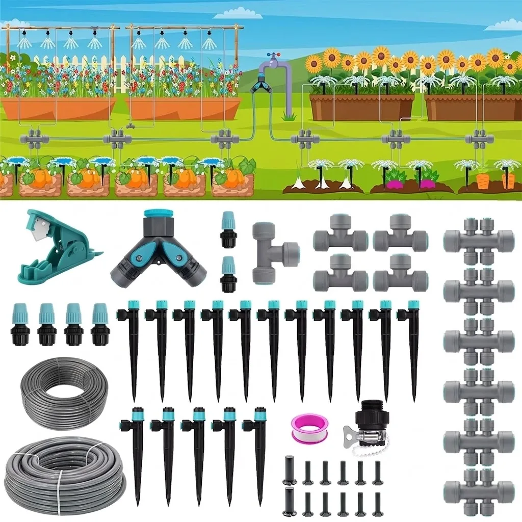 Complete 230FT Drip Irrigation Watering Kit Featuring Quick Connect System PE Hose Y Type Distribution Tubing Three Adjustable
