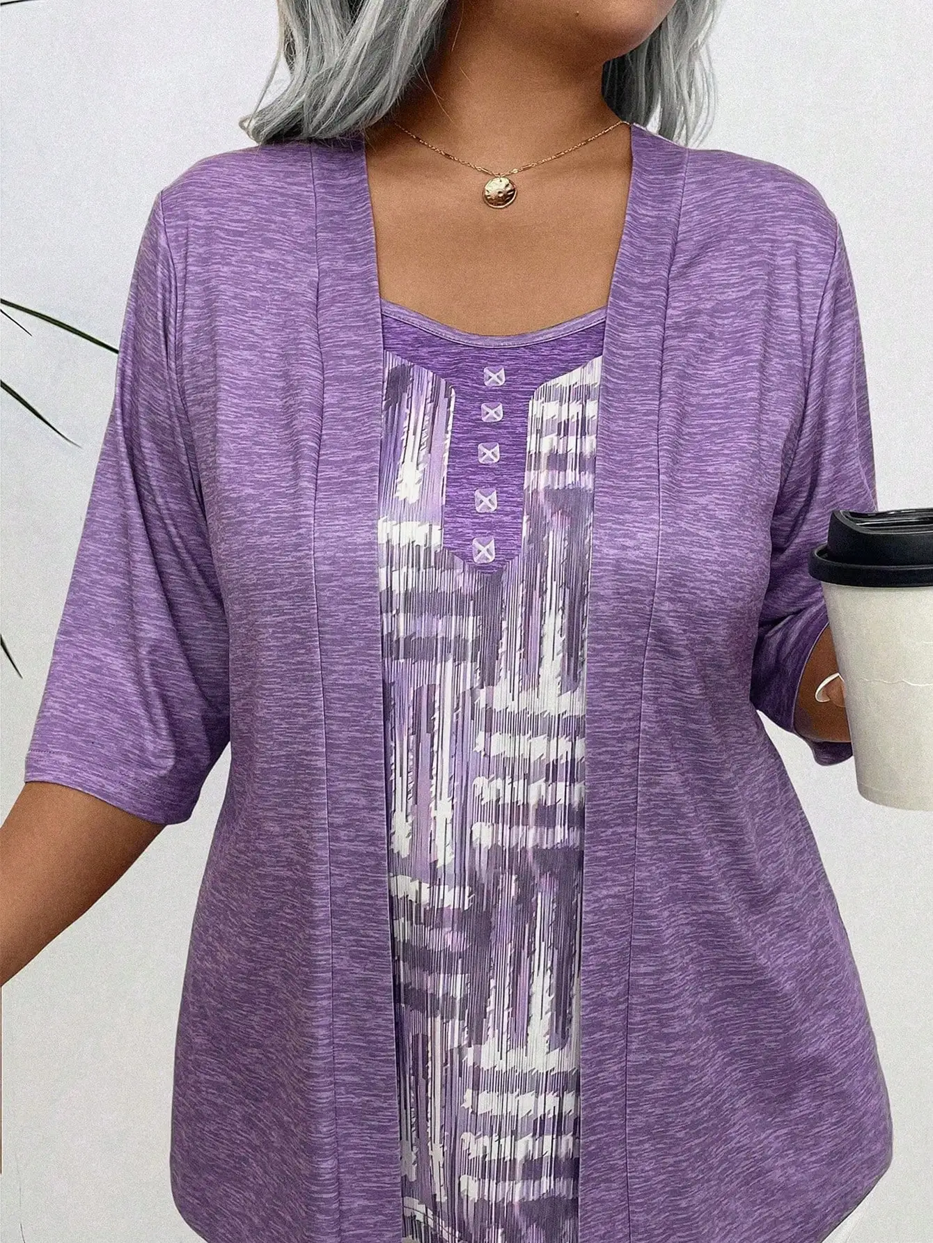 

Женский топ больших размеров фиолетового цвета 2-в-1 с короткими рукавами, многослойный, с геометрическим принтом и пуговицами