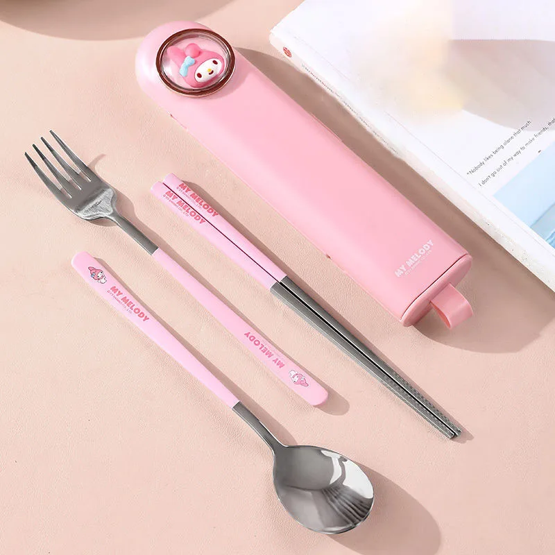 

Sanrio Cartoon Hello Kitty Tableware Set My Melody Cinnamoroll Kawaii Chopsticks Spoon Fork Student Portable Cute Cutlery Set