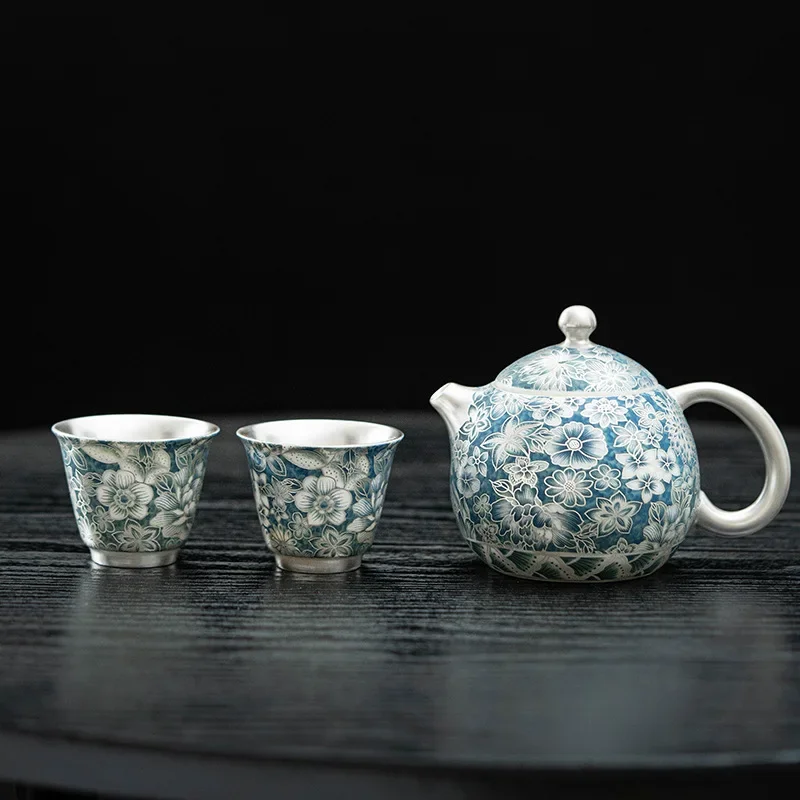 Unique Colorful Flowers Tea Accessories Teacup Silver Tea Set One Pot and Two Cups High-end Light Luxury Teapot Teacup Gift Box