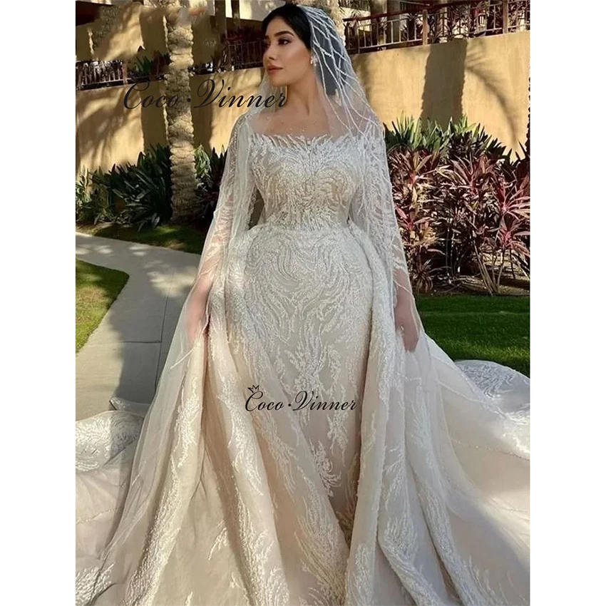 فستان زفاف عربي سعودي مخصص 2 في 1 تصميم لؤلؤ صغير مطرز دانتيل حورية البحر فساتين زفاف مع ذيل Dechabel W1402