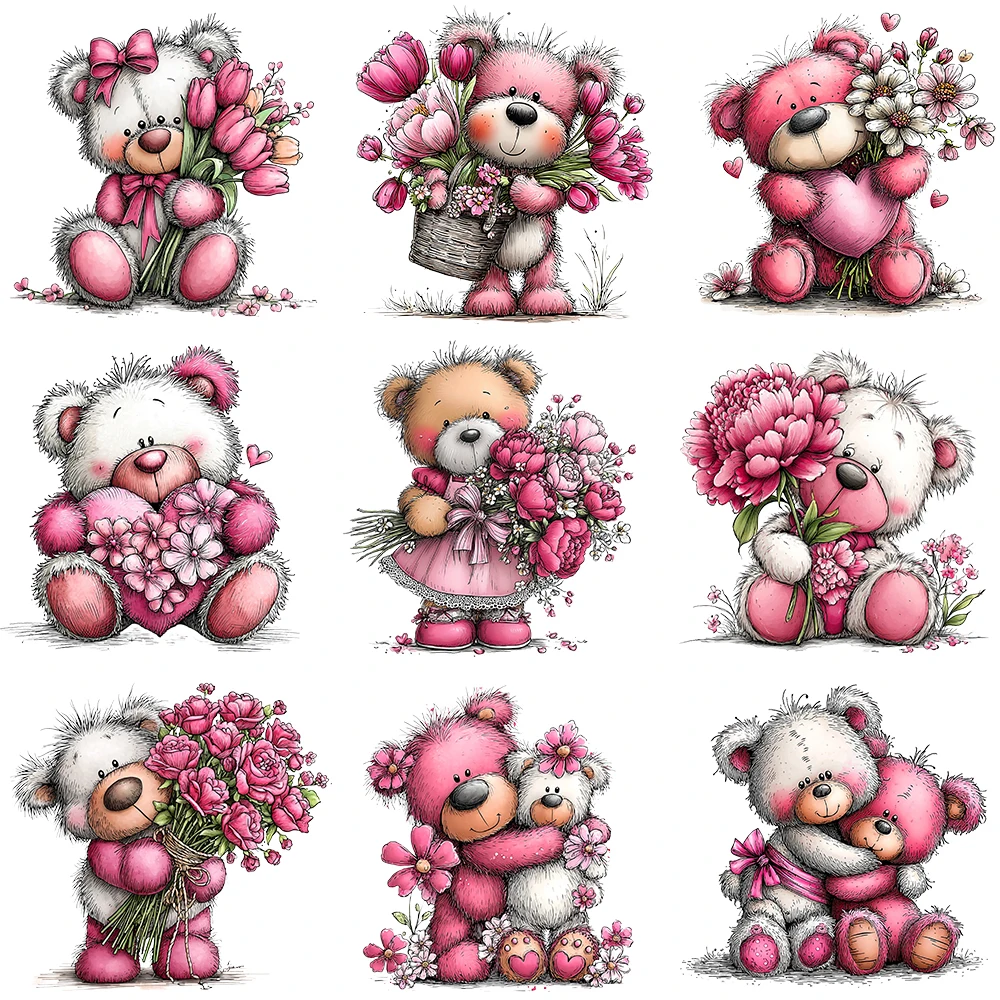 15cm Cartoon Quirky Flower Mothers Day Bear Diy DTF Heat Transfer Sticker T-shirt Clothes Decals Iron On Transfer Stickers