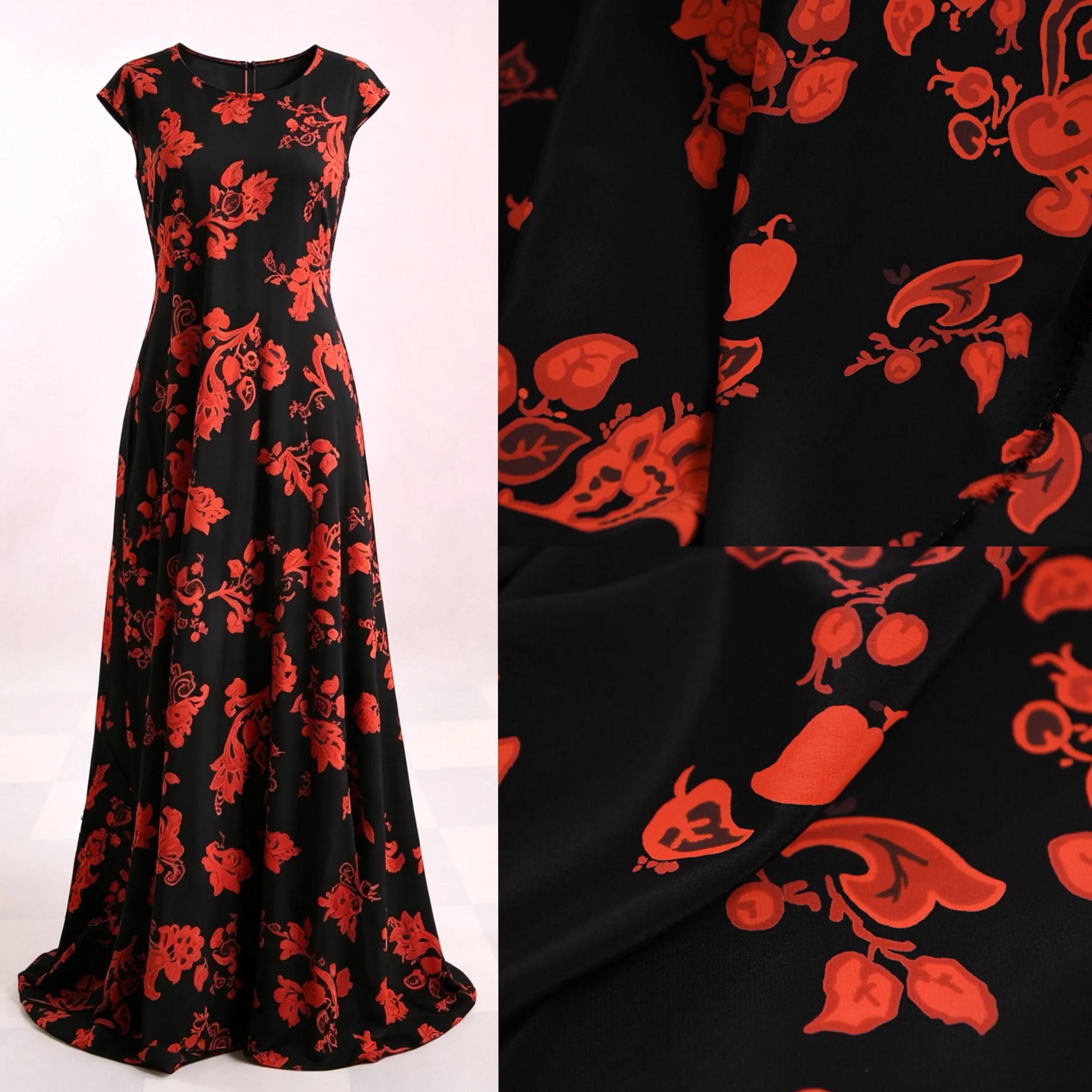 3m Txl Silk Crepe de Chine Fabric Intense Orange Red Retro Floral Print TB Order Vintage Atmosphere Dress Material